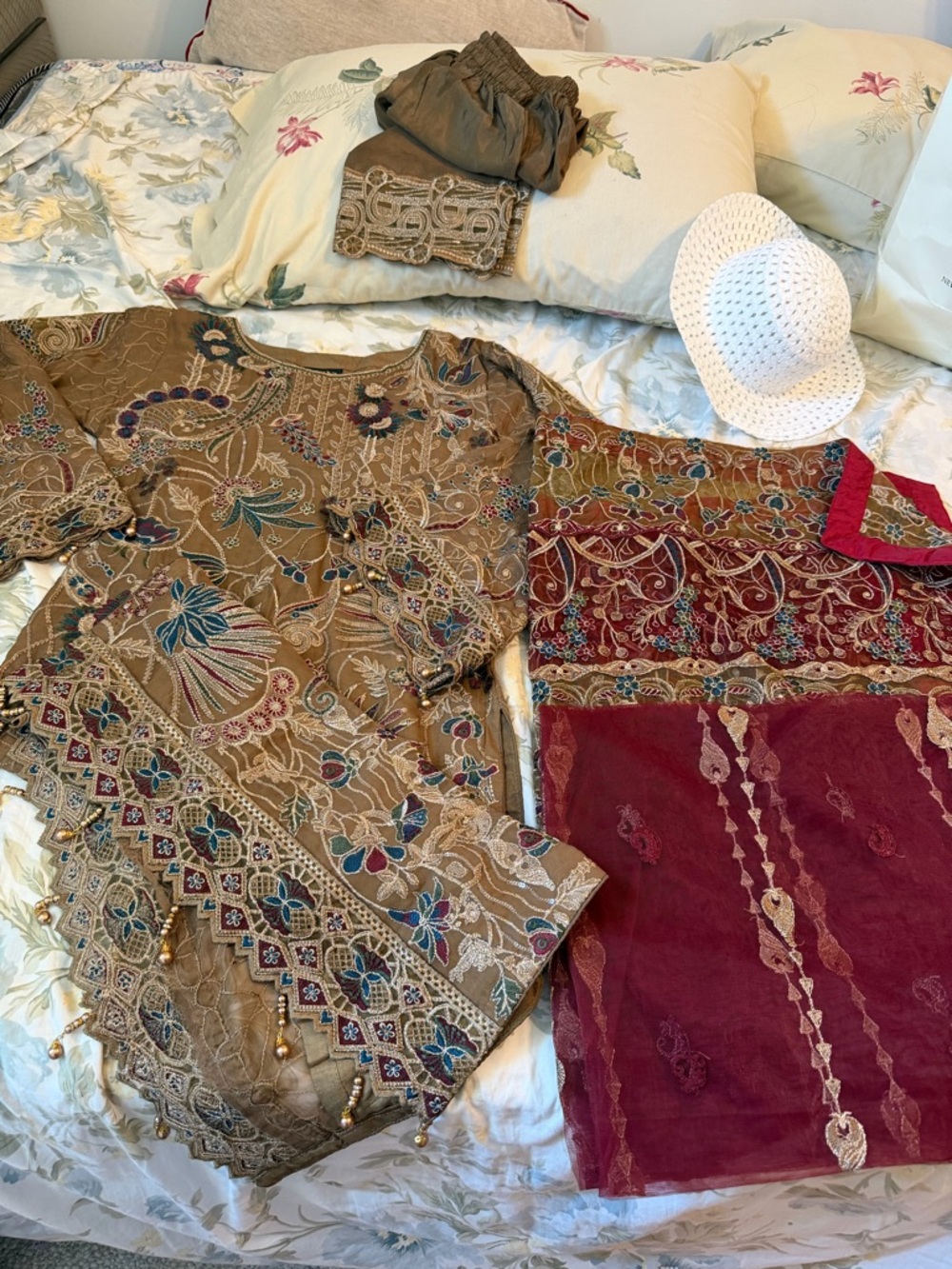 Embroidered Browne  & Maroon floral dress Pakistani 3 PCs dress